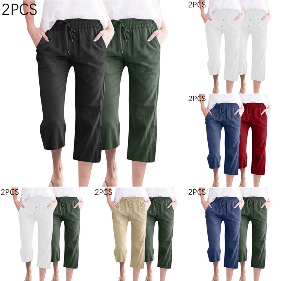 Yxbdin 2 Packs Cotton Linen Wide Leg Pants with Pockets for Women Plus Size Drawstring Elastic High Waisted Capris Casual Loose Summer Vacation Cropped Pant Khaki M