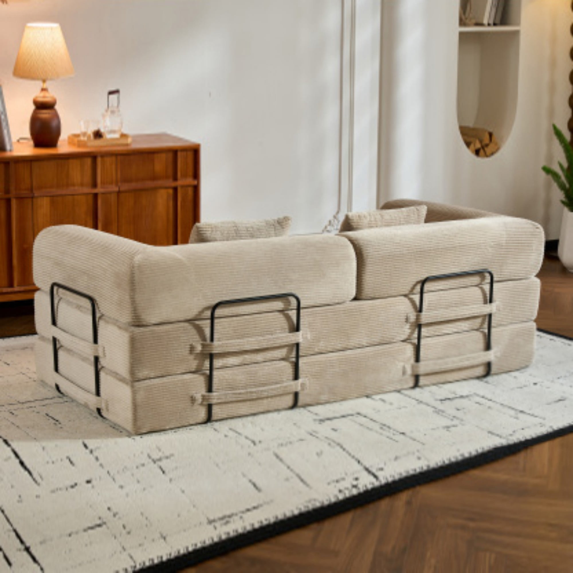 BSHTI 77" Corduroy Convertible Sleeper Sofa Bed with Cylindrical Pillow, No Assembly, Small Space for Living Room（Beige）