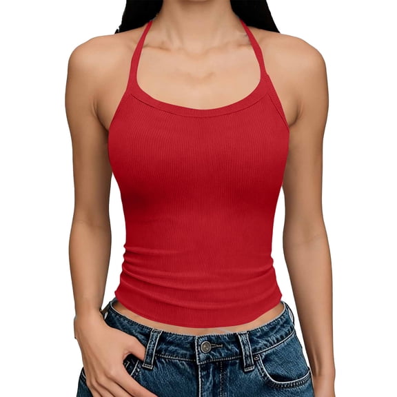 Vekome Tank Tops for Women Plus Size Sleeveless Basic Shirts Slim Halter Neck Casual Tee Shirts Ribbed Solid Color Backless Summer Pullover Tops
