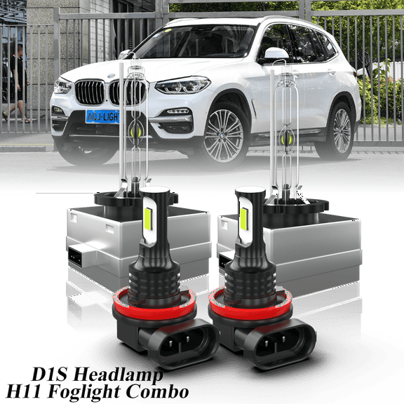 Fit for BMW X3 2007-2017 – D1S Xenon Headlight H11/H9/H8 LED Foglights Bulbs Combo 4 Pack, 6000K Diamond White 3800LM Super Bright, Auto Headlamp Upgrade Set