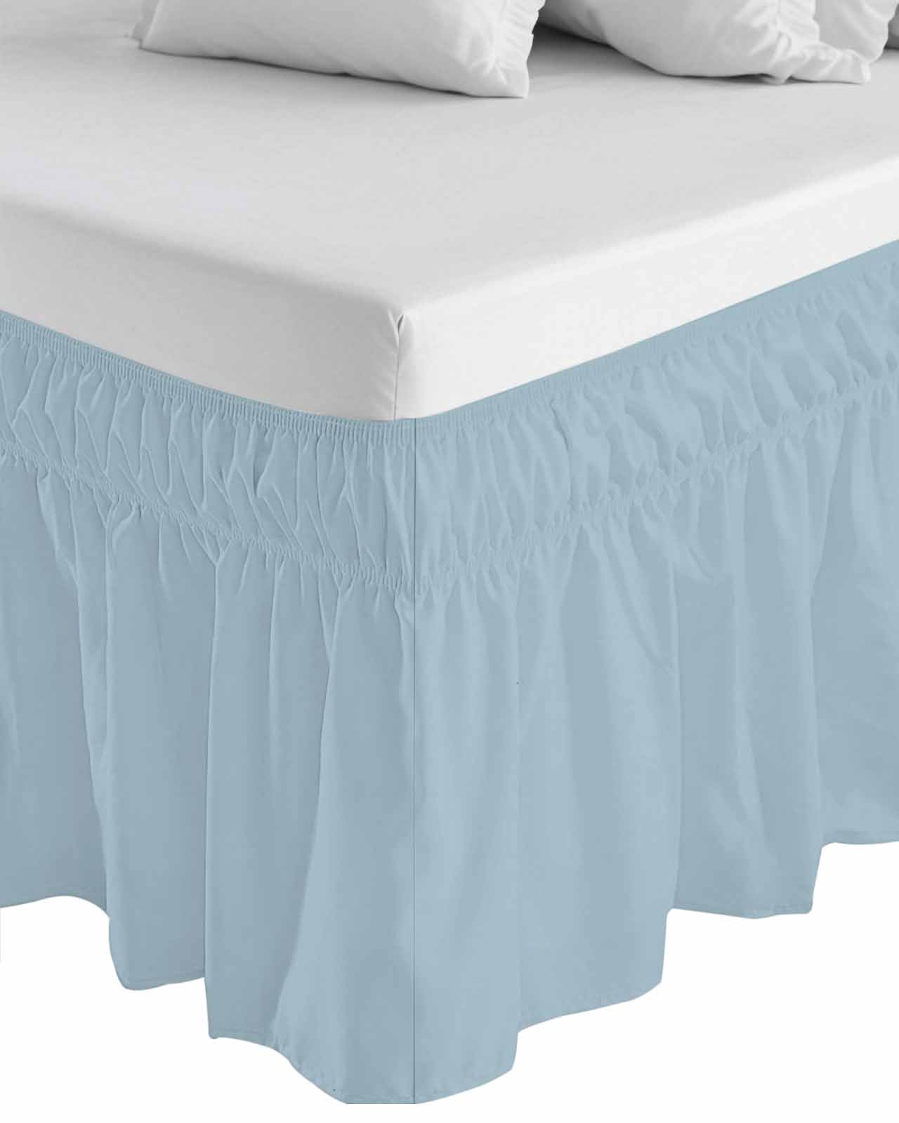 Sky Blue Bed Skirt Cal King Size, Modern Pure Winter Sky Blue Wrap Around Bed Skirting with Adjustable Elastic Strap, Dust Ruffled Pleated Bedskirts 18 Inch Drop for Bedroom Cal King Beds