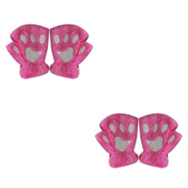 Jumpingount Lindas mujeres gato garra pata mitones de felpa cálido felpa corto sin dedos mullido oso gato guantes disfraz medio dedo rosado 2piezas