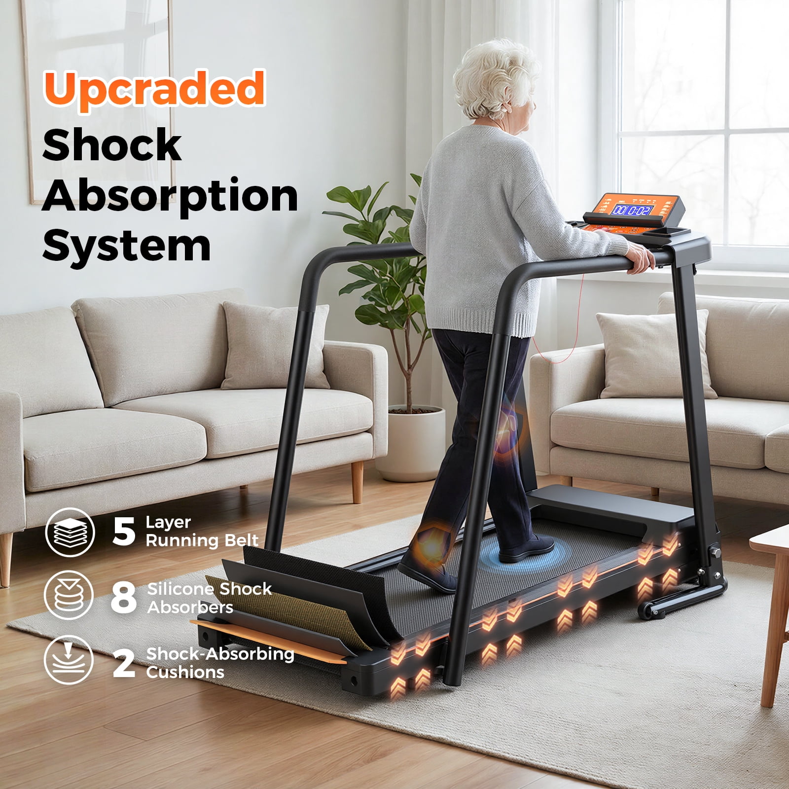 OBENSKY Walking Treadmills for Senior for Home with Long Handrail 300 lbs Weight Capacity Foldable Recovery Fitness Exercise Machine 3.0HP Running with Cup Holder With APP
