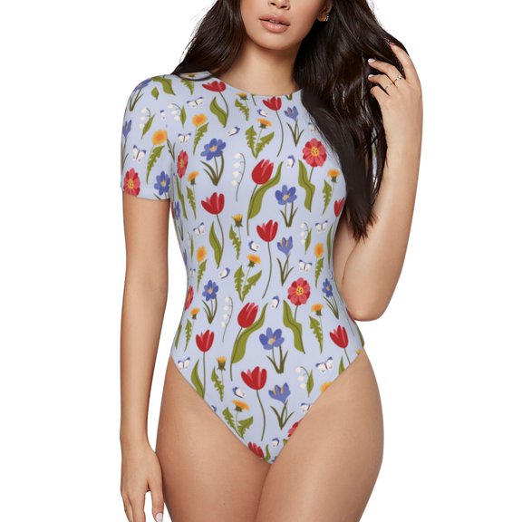 Naloa Tulips Flowers Women's Short-Sleeved Onesie, One-Piece Swimsuit for Parties, dates, clubs - Small