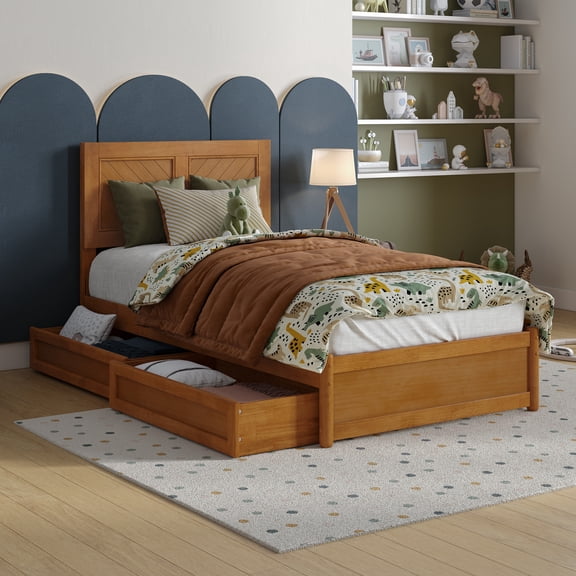 Clayton Twin Wood Platform Bed with Panel Footboard & Drawers in Light Toffee
