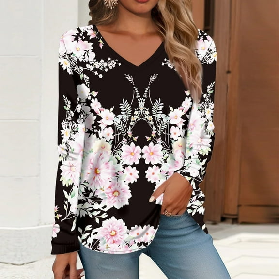 Black Long Sleeve Shirts for Women, Polyester Womens Fall Fashion 2024, Women's Long Sleeved V Neck Floral And Plant Printed Casual Fashion T Shirt Top XXL