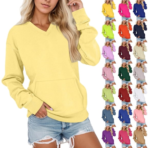 Fall Sweatshirts for Women Fashion V Neck Solid Color Long Sleeve Pullover Sweatshirt with Kangaroo Pocket Oversized Casual Loose Fit Fall Winter Clothing