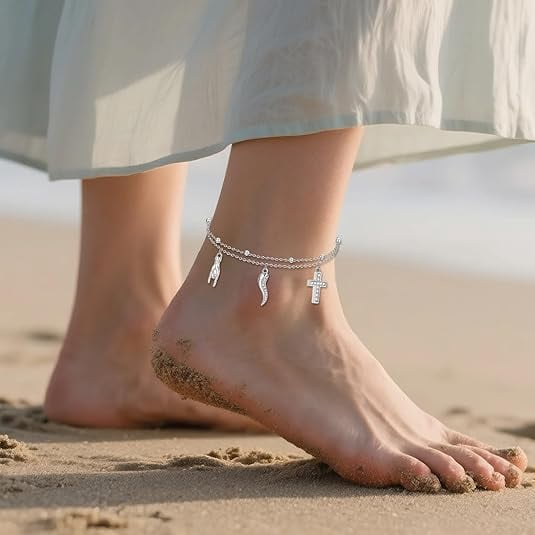 Italian Horn Hand Anklet 925 Sterling Silver Cornicello and Mano Cornuto Layered Ankle Bracelet Italian Good Luck Protection Amulet Jewelry for Women Gifts