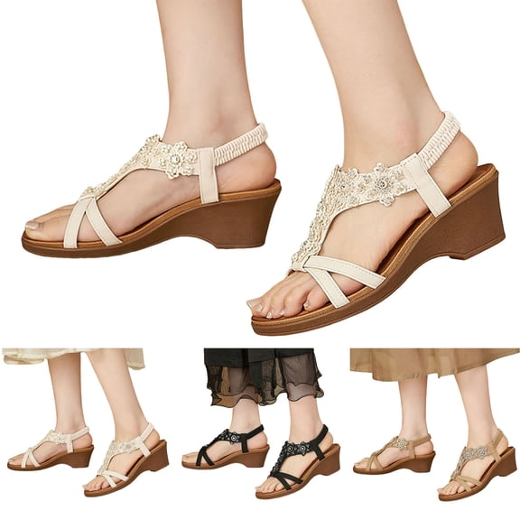 Dakaela Women's Wedge Sandals Flower Low Heels Summer Dressy Platform Sandal Rhinestone Beach Walking Shoes with Elastic Ankle Strap Size 6-9