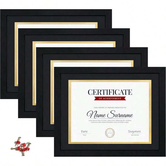 11x14 Picture Frame with Tempered Glass for 8.5x11 Certificate Frame with Mat Document Diploma Award Degree Frame for Wall Hanging or Tabletop Display Black 4 Pack