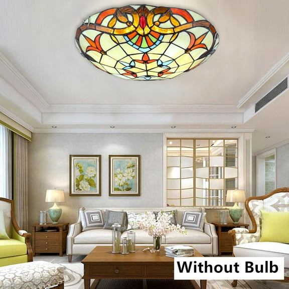 MONIPA Tiffany Flush Ceiling Light Hand-Made Stained Glass Shade Vintage Light