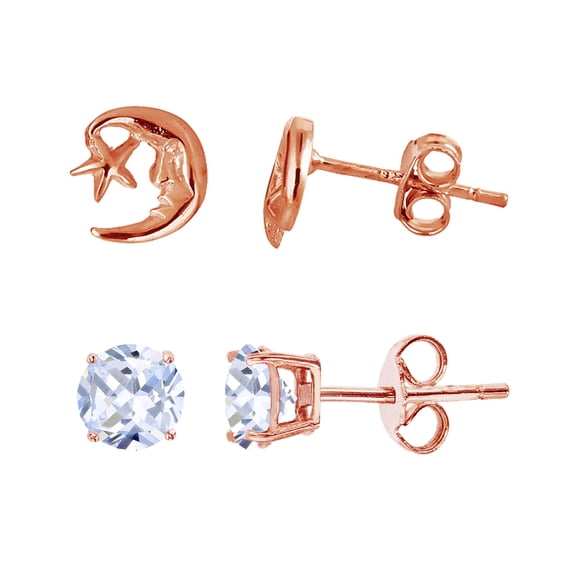 Decadence Sterling Silver Rose Moon/Star & 5.00mm AAA Round Solitaire Stud Earring Set