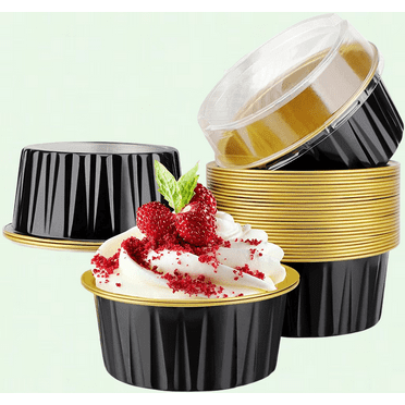 30pcs Mini Cheesecake Containers, 5oz Disposable Aluminum Foil Cupcake Liners with Lids, Premium Baking Cups for Creme Brulee, Black & Gold