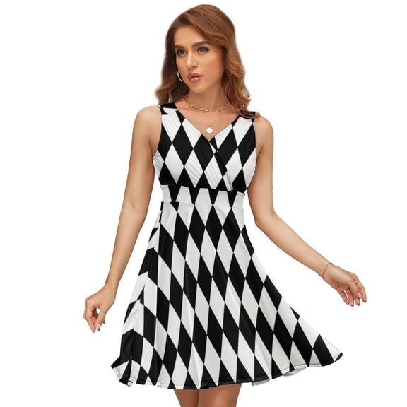 Black And White Harlequin Women's Tank Dress V Neck Sleeveless Summer Sundress