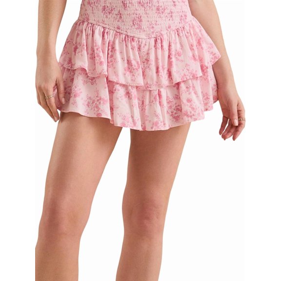 Jaimenalin Women Y2K Mini Skirt Floral Pleated High Waist Tiered Ruffle Skirt Summer Fairycore Skirts Pink XL