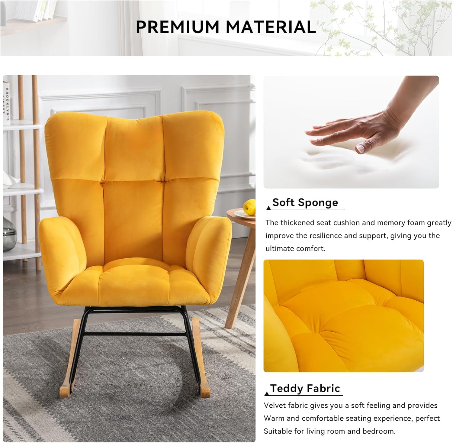 Rocking Chair Nursery Teddy Upholstered Glider Rocker High Backrest Nursery Rocker Comfortable Stylish Accent Armchair for Living Rooms Bedrooms Offices