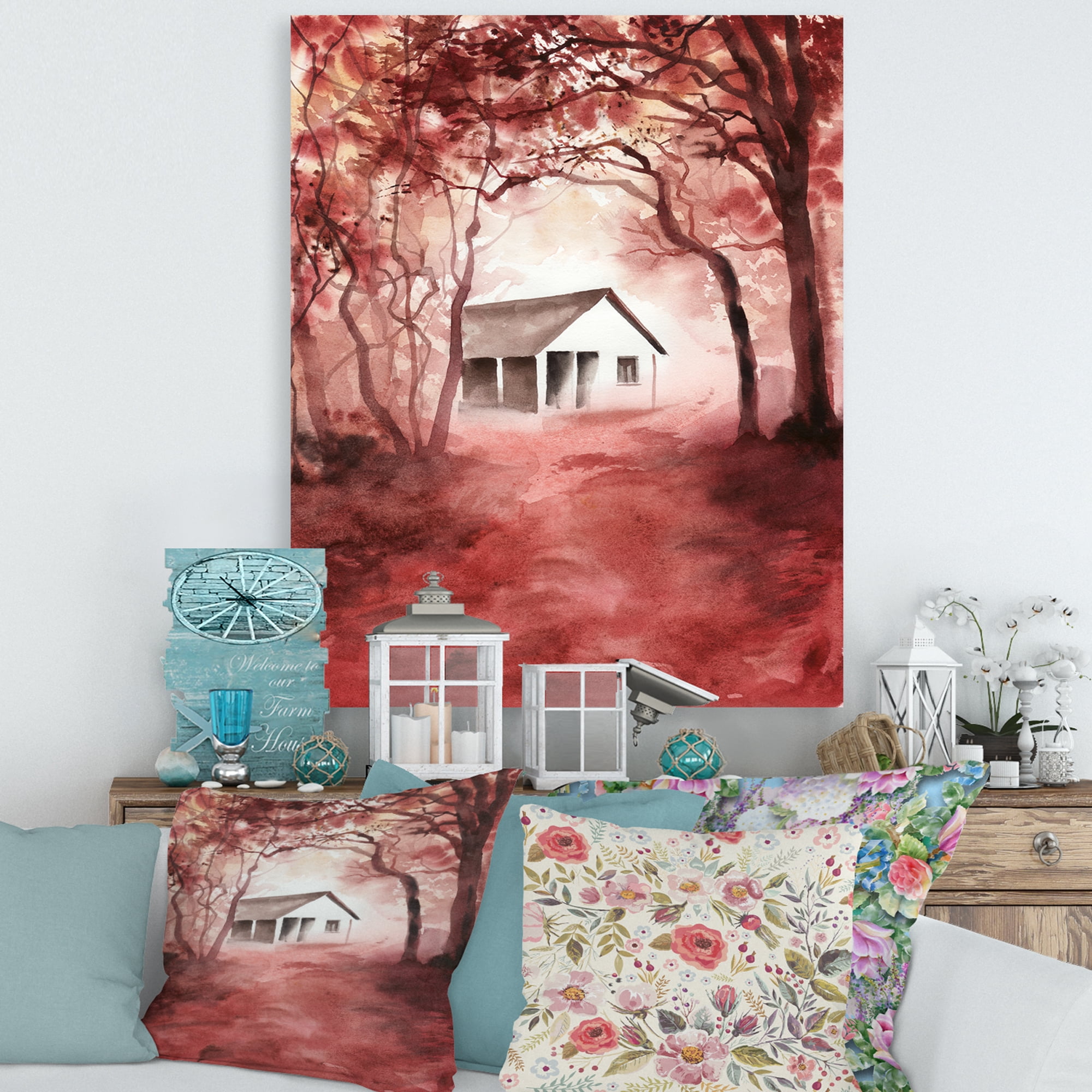 Designart ' Red Autumn Woods and A House in Wild ' Cabin & Lodge Canvas Wall Art Print