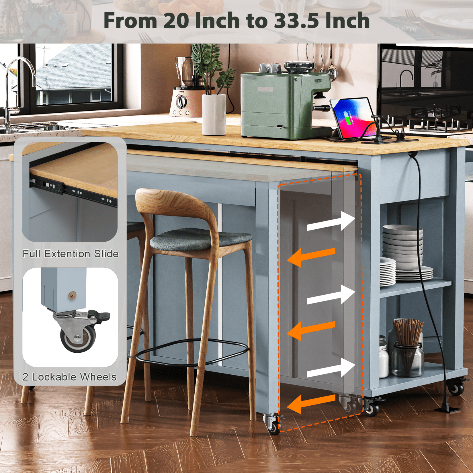 Harper & Bright Designs Kitchen Island with Extendable Dining Table, Kitchen Storage Cart with Drawers and Internal Storage Rack, Rolling Kitchen Island with Power Outlet, Grey+Blue