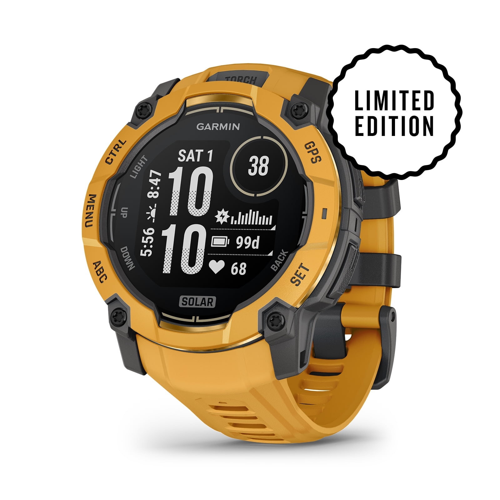 Garmin Instinct 3 - 45 mm, Solar, Rugged Outdoor GPS Smartwatch, Built-in Flashlight, Alpine Rush Collection Limited Edition Color, Sunburst Bundle With Cleaning Cloth + Wireless EarBuds + More