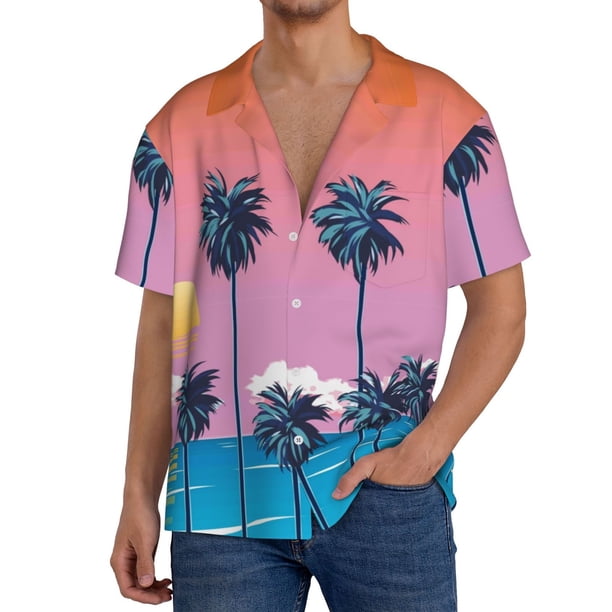 Fotbe Beach with Palm Trees Camisa Estampada de Manga Corta para Hombre, Casual de Verano, Estilo Playero, Sin Arrugas-Small