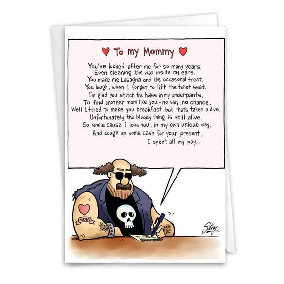 Funny Mother's Day Greeting Card with 5 x 7 Inch Envelope (1 Card) Mom To My Mommy - Tough Guy Writing Note