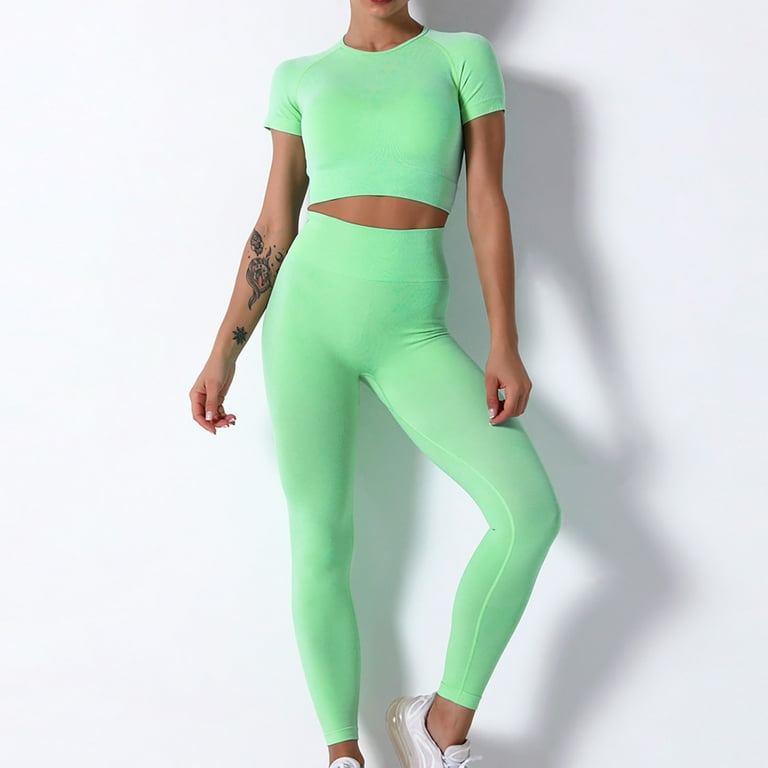 RQYYD Women's Workout Outfit 2 Pieces Seamless High Waist Yoga Leggings  with Long Sleeve Crewneck Crop Top Gym Clothes Set Green S 