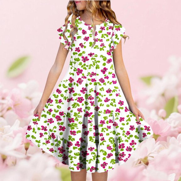 Bxsruta Girls Summer Dress Floral Print Short Sleeve Ruffle Tiered Casual Swing Dress with Pockets