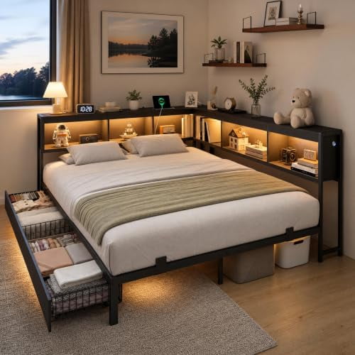 Black Full‑Size Corner Daybed Frame with 2 Storage Drawers, Bookcase Headboard, Charging Station and RGB LED Lights, Reversible Headboard, No Box Spring Needed