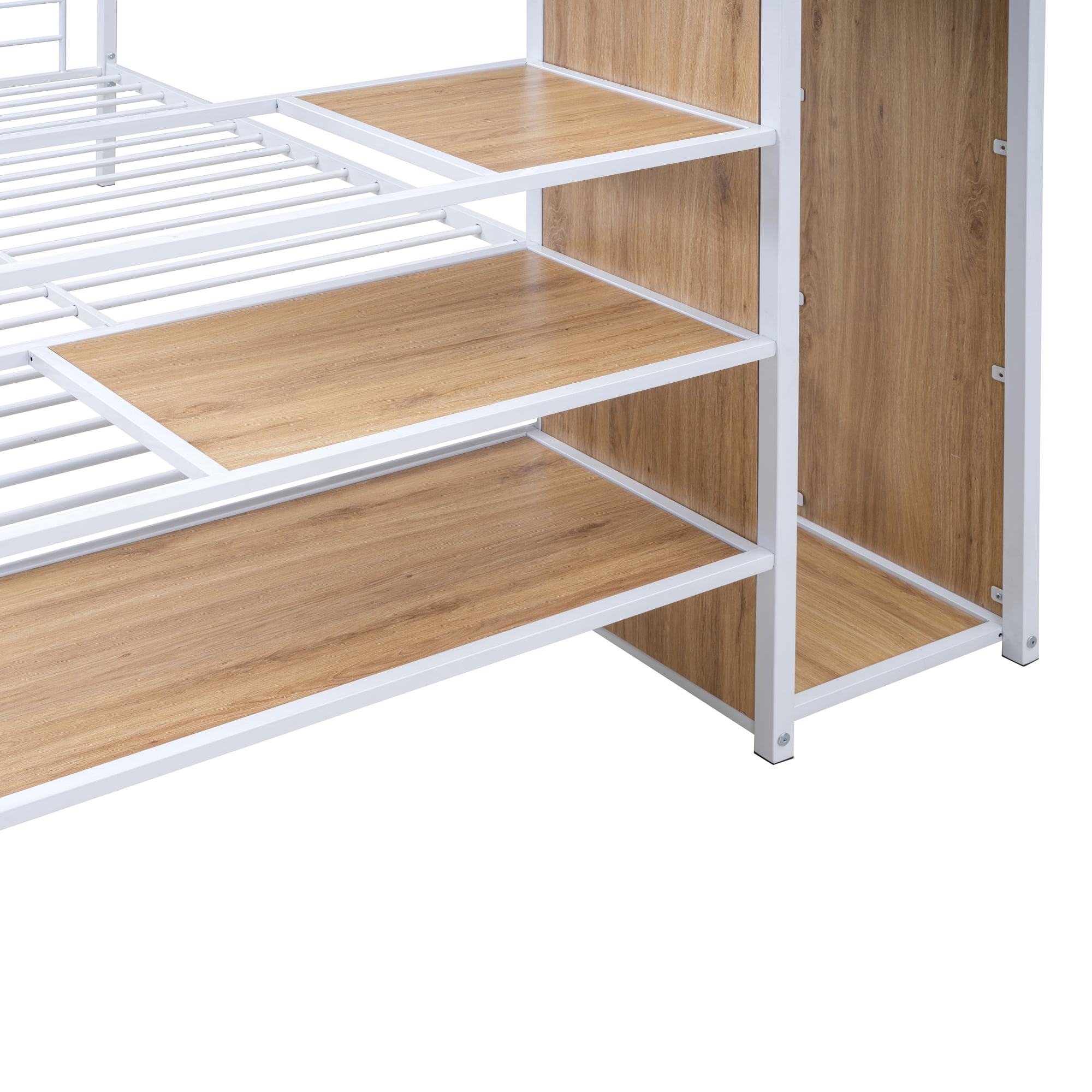Euroco Metal Full over Full Bunk Bed with Staricase and Open Wardrobe, White