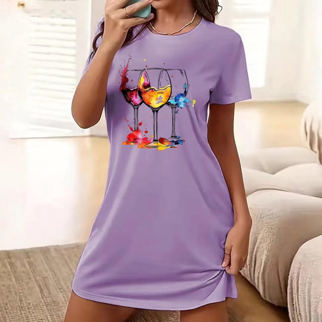 Shorts pour Femmes, Chemises à Manches Courtes pour Femmes, Chemise de Nuit Courte Surdimensionnée pour Femmes Mode avec Imprimé sur la Poitrine Robe de Nuit à Manches Courtes