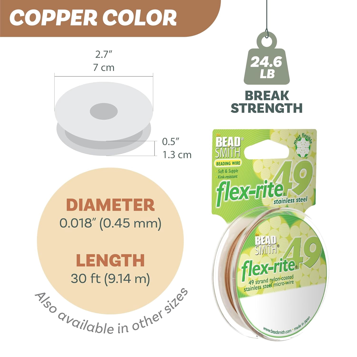The Beadsmith Flex-Rite Beading Wire - 49-Strand, 0.018" (0.45 mm) Dia, Copper, 30 ft