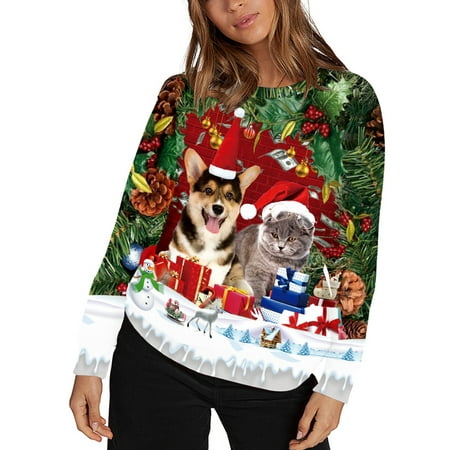 Autumn Winter Long Sleeve Crew Neck Unisex Ugly Christmas 3D Dog Cat Printed Graphic Sweatshirts