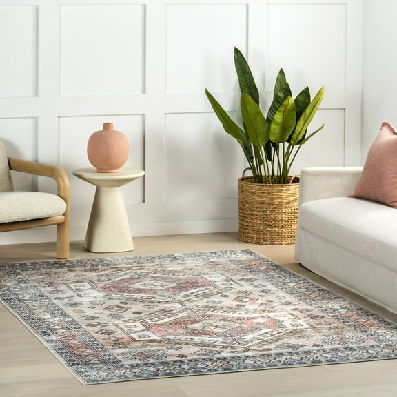 nuLOOM Benoite Splashguard Medallion Machine Washable Area Rug, 3' x 5', Benoite Peach