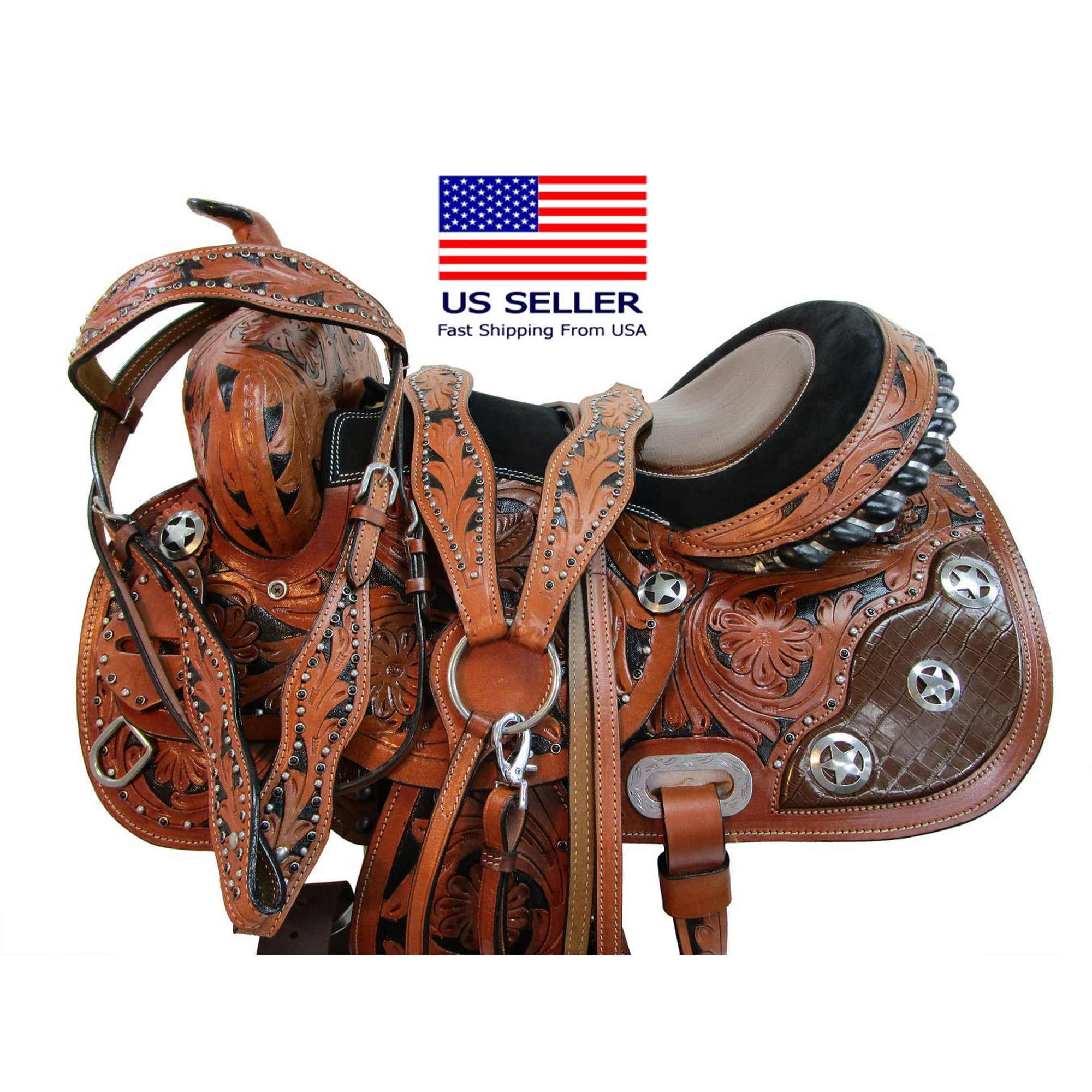 Western Saddle Barrel Racing Horse Pleasure Tooled Gator Leather Seat Trail 15 16 17 18 Headstall Breast Collar & Reins | Free Shipping