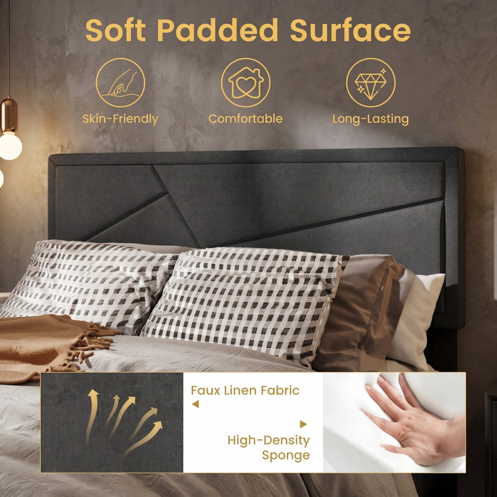 Furnibear Queen Bed Frame with Headboard, Upholstered Platform Bed Frame with 12 Plywood Slats for Modern Bedroom, No Box Spring, Dark Gray