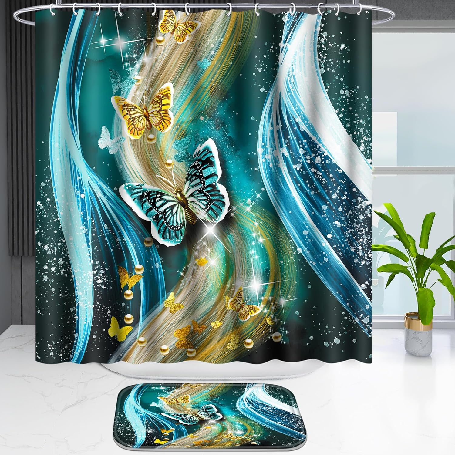 4 Pcs Bathroom Shower Curtain Set,Light Butterfly Bathroom Sets with Rugs(Bath Mat,U Shape and Toilet Lid Cover Mat) and 12 Durable Hooks 71x71in
