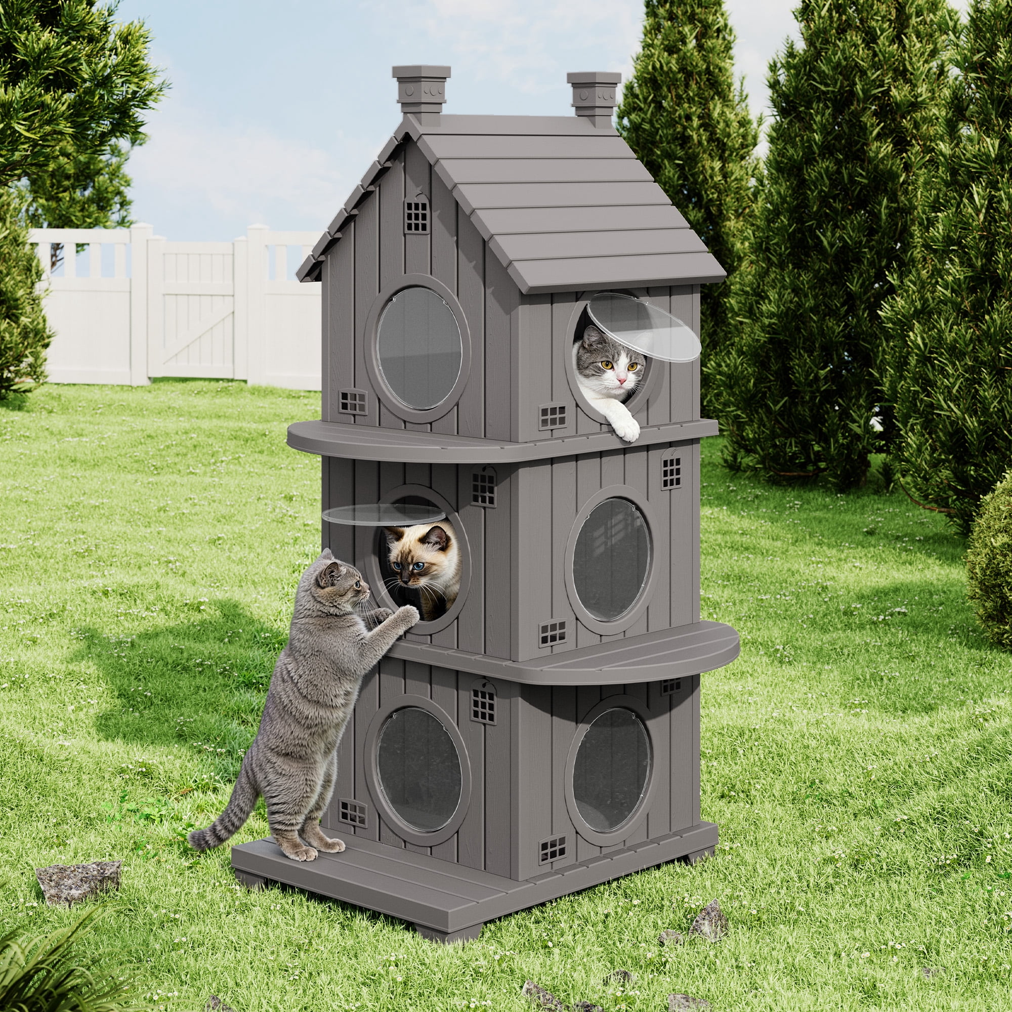 Bifanuo Outdoor Cat House,Weatherproof Resin Cat House,Multi-Layer,Villa-Style Outdoor Cat Shelter,Assemble Easily for Home & Yard,Gray