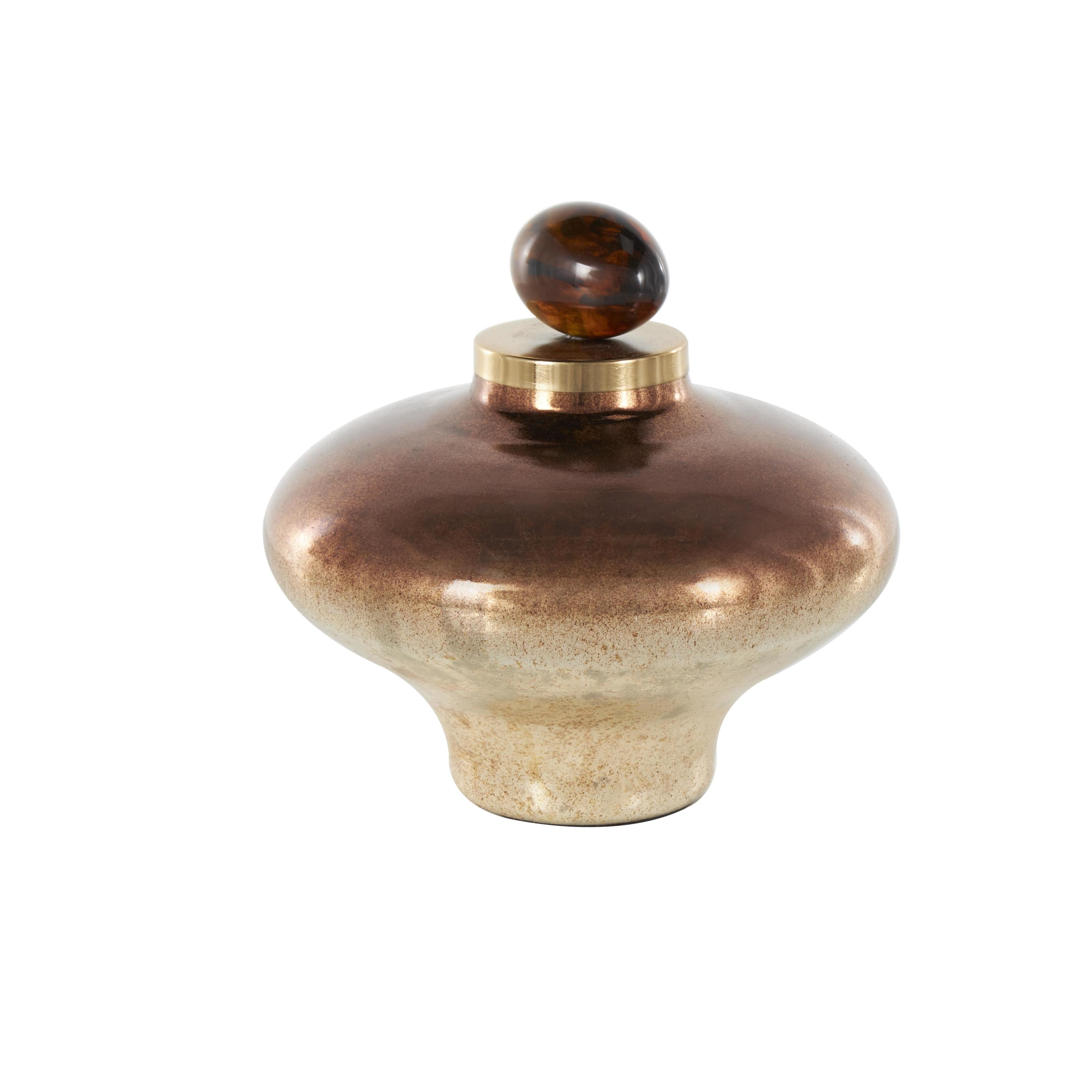DecMode 9" x 9" Copper Glass Wide Speckled Ombre Decorative Jars with Oval Top Knob and Gold and Beige Accents, 1-Piece