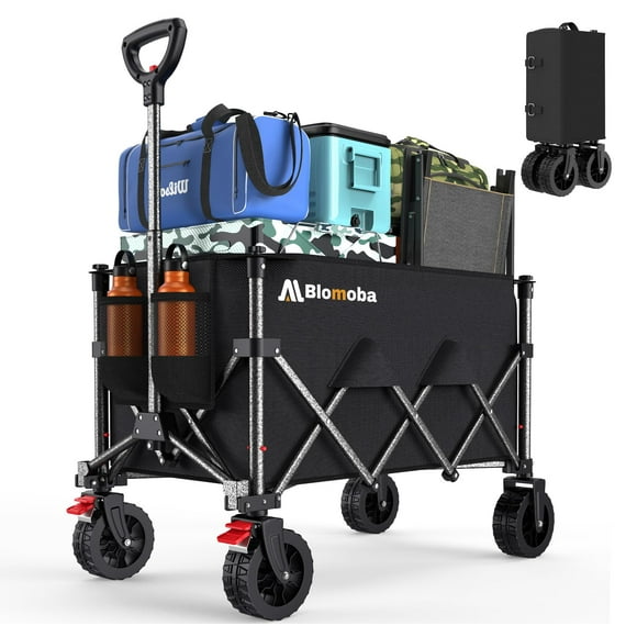 Blomoba Collapsible Wagon Cart, 220lbs Heavy Duty Foldable Beach Wagon with Wider Wheels & Auto-Rebound Handle, Utility Grocery Shopping Cart for Garden, Shopping, Camping, Sports, Black