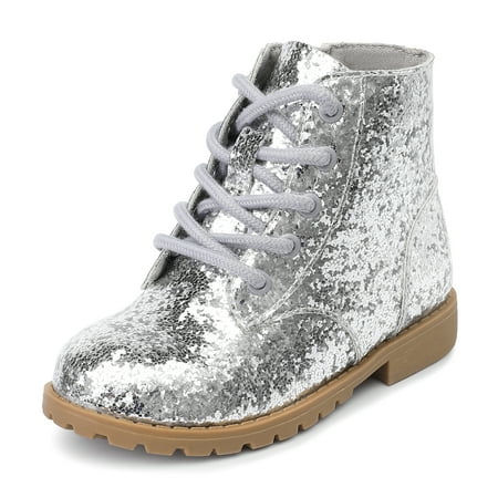 

FUPPIA Girls Glitter Ankle Boots Lace Up Combat Boots With Side Zipper Silver 10 Toddler