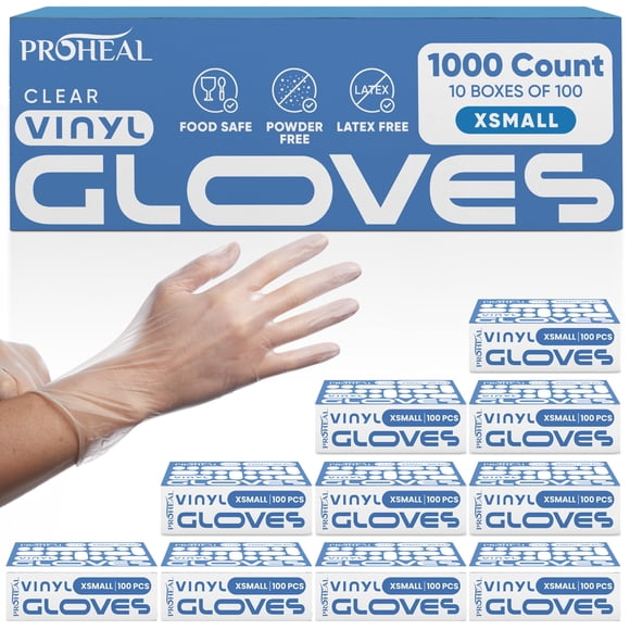ProHeal Vinyl Disposable Gloves X Small - 1000 Count Case Clear Food Safe Cooking and Household Cleaning Gloves - Powder Free and