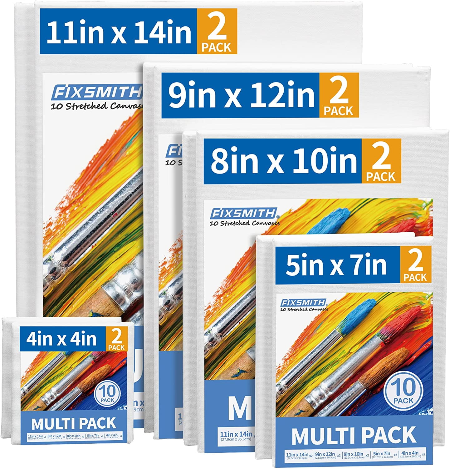 FIXSMITH Stretched White Blank Canvas- Multi Pack 4x4,5x7,8x10,9x (2 of Each),Set of 10,100% Cotton,Primed,for Acrylic,Oil,Other Wet or Dry Art Media,for Artists,Kids,Beginners and More. Multipack-10 PK