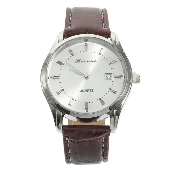 Men Automatic Mechanical Wrist Watch with PU Band (White Silver Brown)