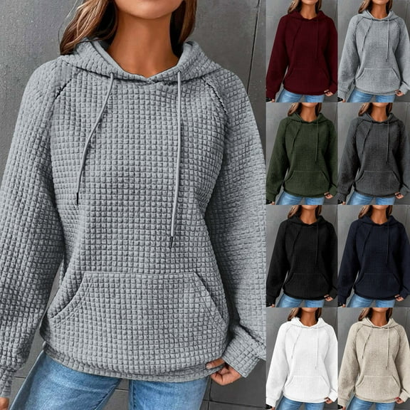 Crunowin Womens Waffle Knit Hoodie, Solid Color Casual Fall Pullover Long Sleeve Sweatshirts Gray Size XL