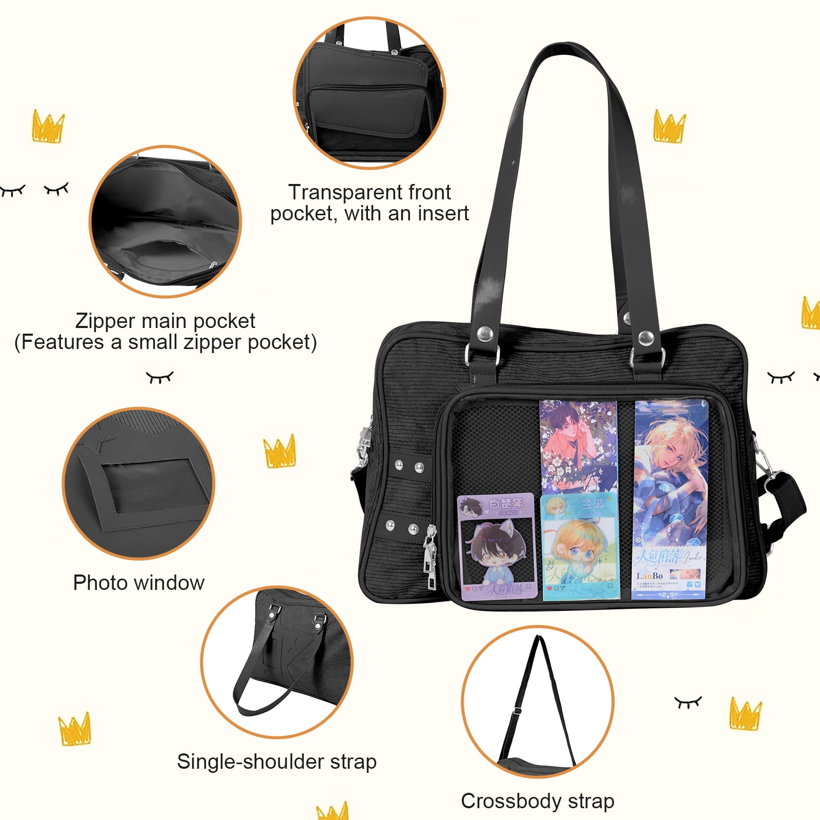 ZingZaak Kawaii Ita Bag Crossbody, Pin Purse, Messenger Bag Pin Display,Shoulderbag with Transparent Incert, Corduroy (black)