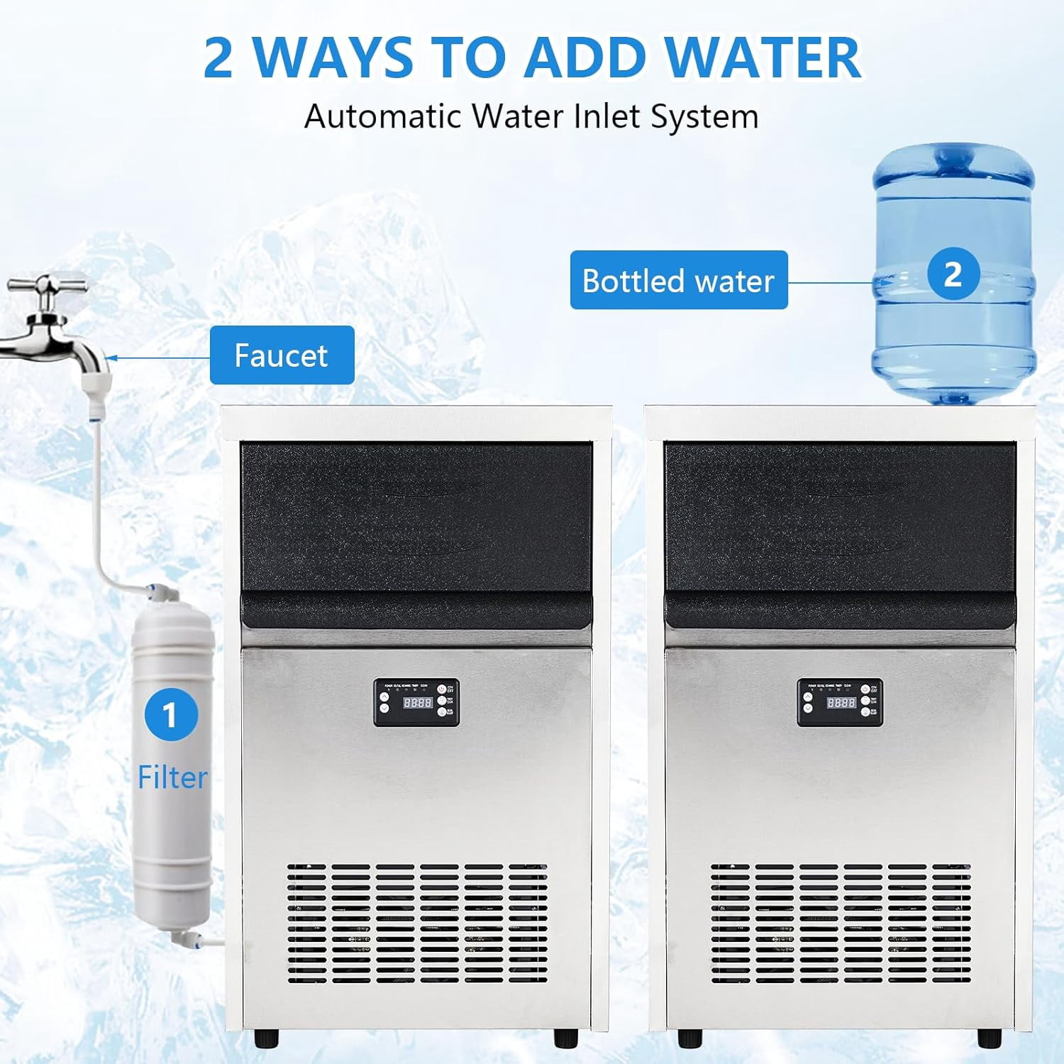 Commercial Ice Maker Machine 100lbs/24H,2 Water Inlet Modes,Stainless Steel Under Counter Ice Machine With 33lbs Storage Bin,Freestanding Ice Maker 50Pcs/Cycle for Bar Home Office Restaurant