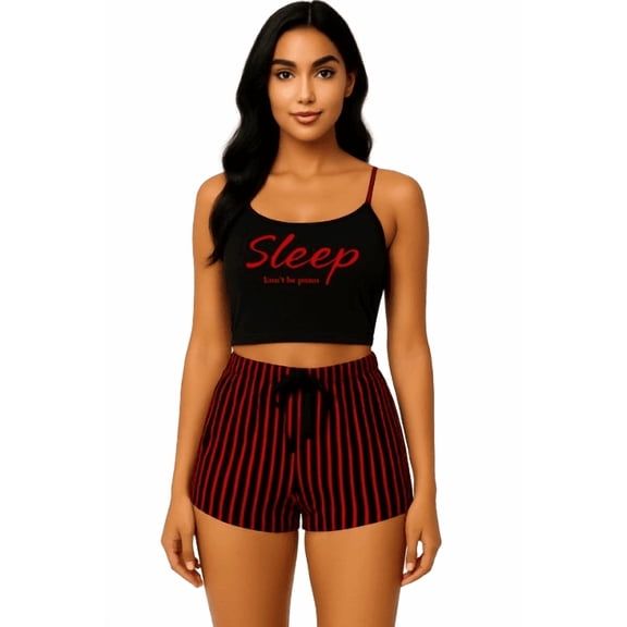 Women's 2-Piece Sleepwear Set – “Sleep” Crop Top & Striped Shorts, Black & Red - Large