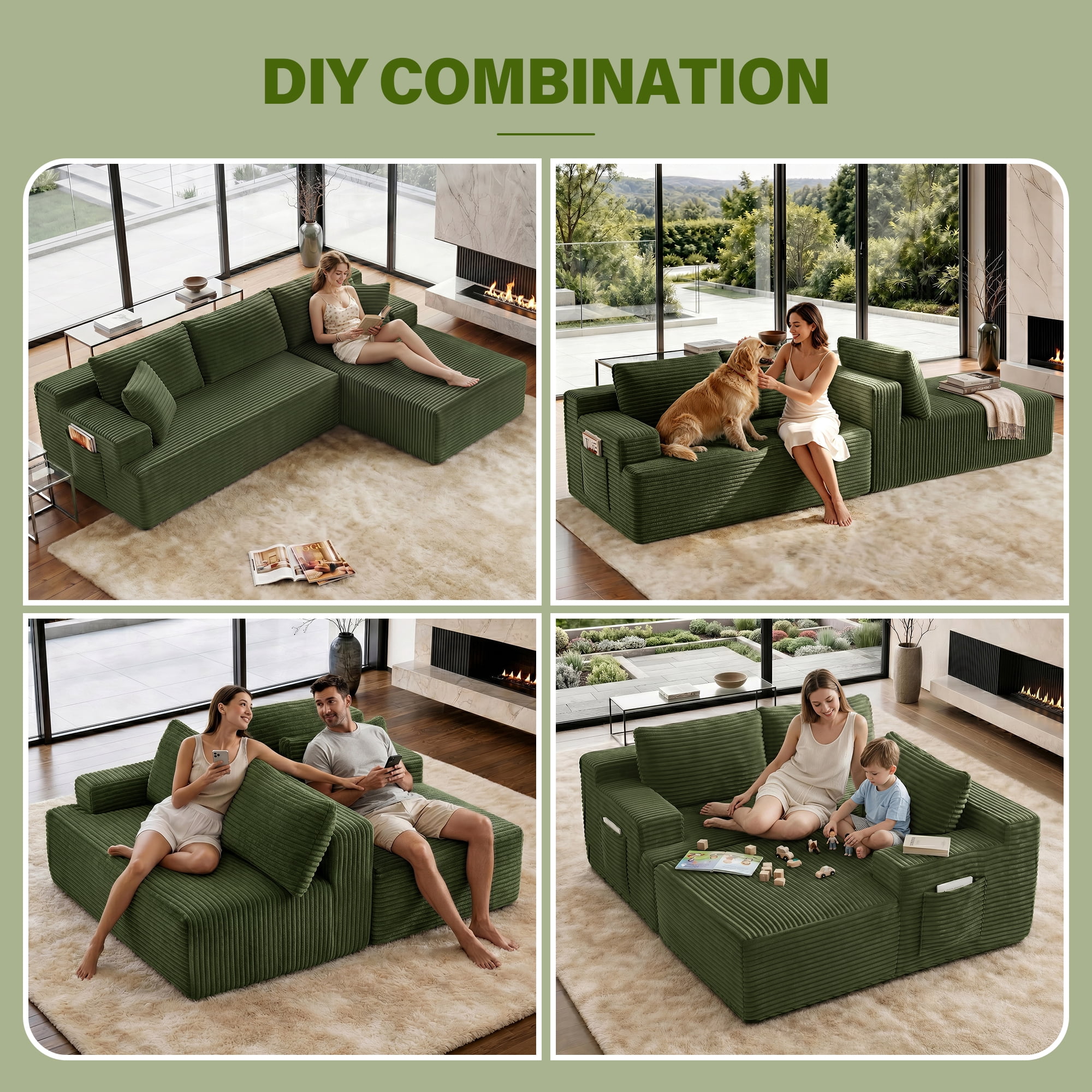 Aukfa 96" Cloud Sectional Couch, Modular L Shaped Boneless Sofa with Right Facing Chaise&2 Storage Pockets, Green