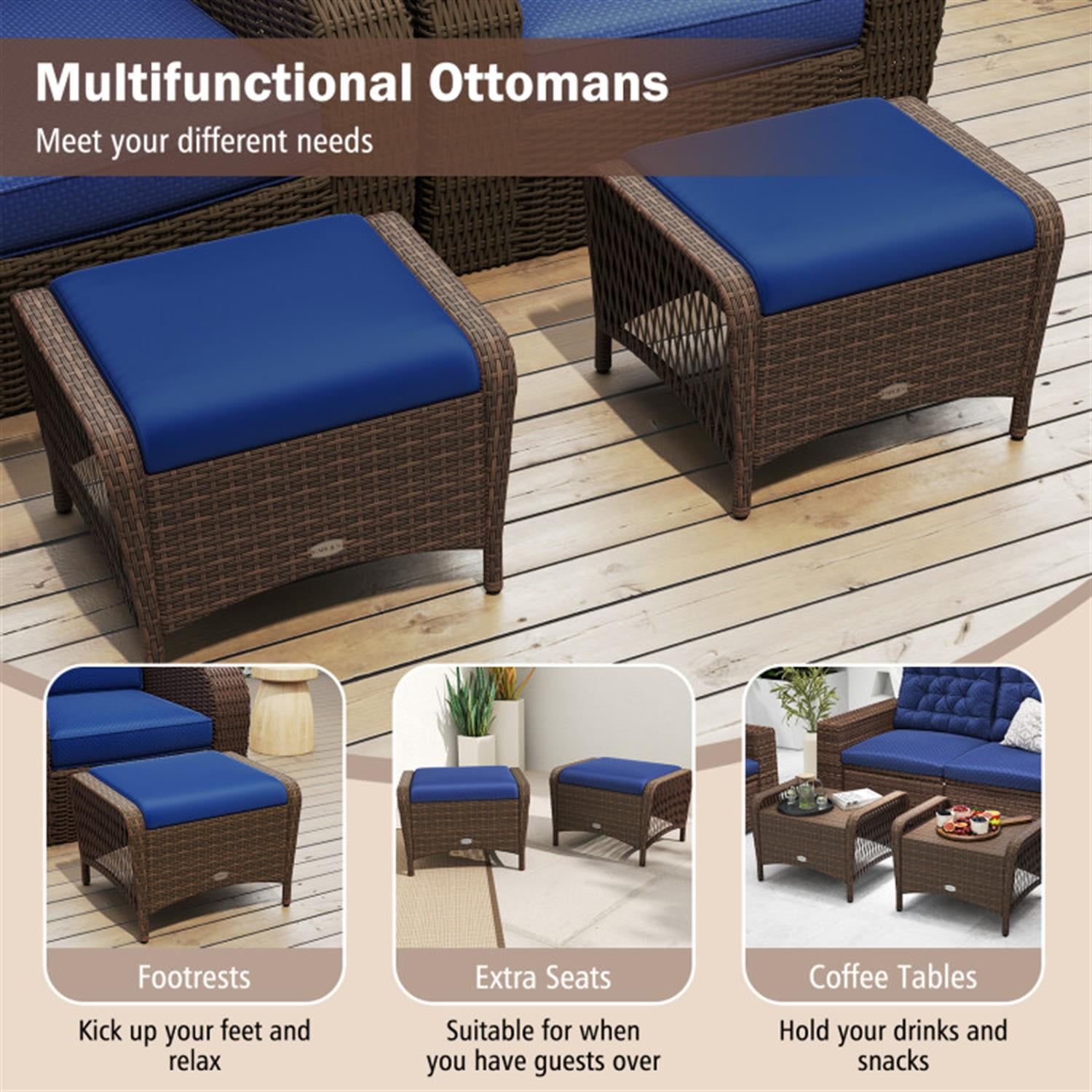 Demi Bonn Set of 2 Outdoor Patio PE Wicker Ottomans with Removable Cushions for Yard, Pool or Backyard, Blue