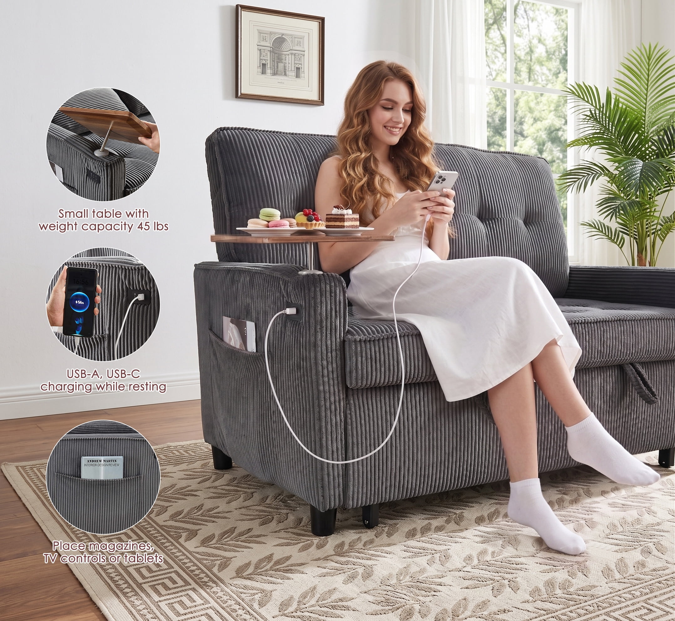 avobird 54'' 3 in 1 Pull Out Sofa Bed, Convertible Couch with Adjustable Backrest/Side Pockets/USB Charging Ports, Sleeper Sofa with small table for Living Room, Dark Gray